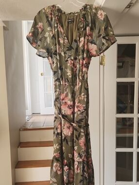 INC International Concepts Olive Green Midi Dress with Pink Floral Pattern